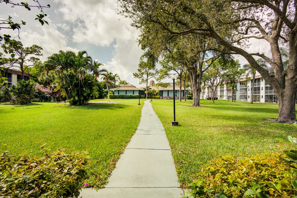 a sidewalk running through a park with trees and buildings