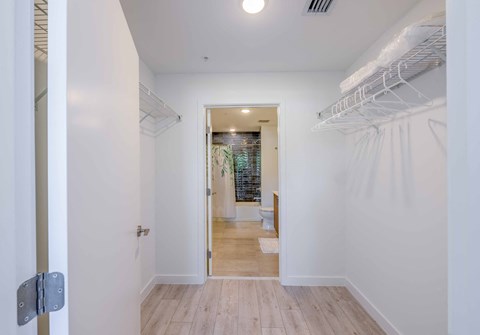 Walk-in closet with wire shelving, hangers, and a view into the bathroom.