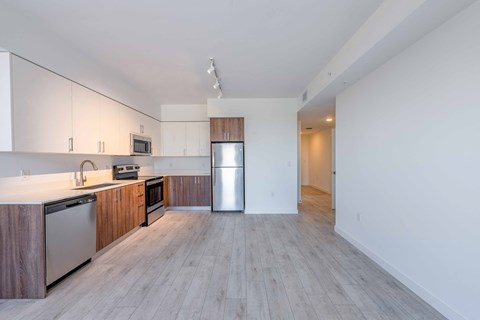 Modern apartment kitchen with stainless steel appliances and wood-look flooring.