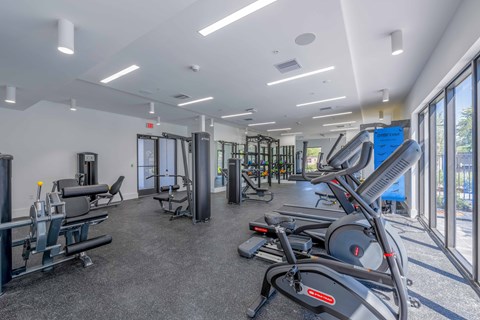 Bright, modern apartment fitness center with treadmills, elliptical machines, and weight training equipment.
