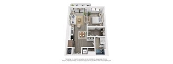 A 3D floor plan of a small apartment with a living room, dining room, kitchen, and bathroom.