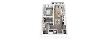 A floor plan of a small apartment with a kitchen, living room, and bedroom.
