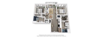A 3D floor plan of a house with a kitchen, living room, dining room, and bedrooms.