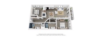 A 3D floor plan of a house with a living room, dining room, kitchen, and bathrooms.