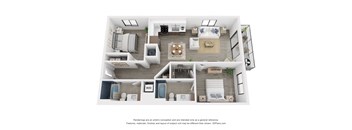 this is a 3d floor plan of a 757 square foot 1 bedroom apartment at the