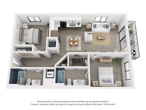 this is a 3d floor plan of a 757 square foot 1 bedroom apartment at the