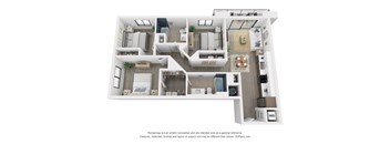 3D floor plan of the C1 apartment unit with 2 bedrooms, 2 bathrooms, kitchen, and living room.