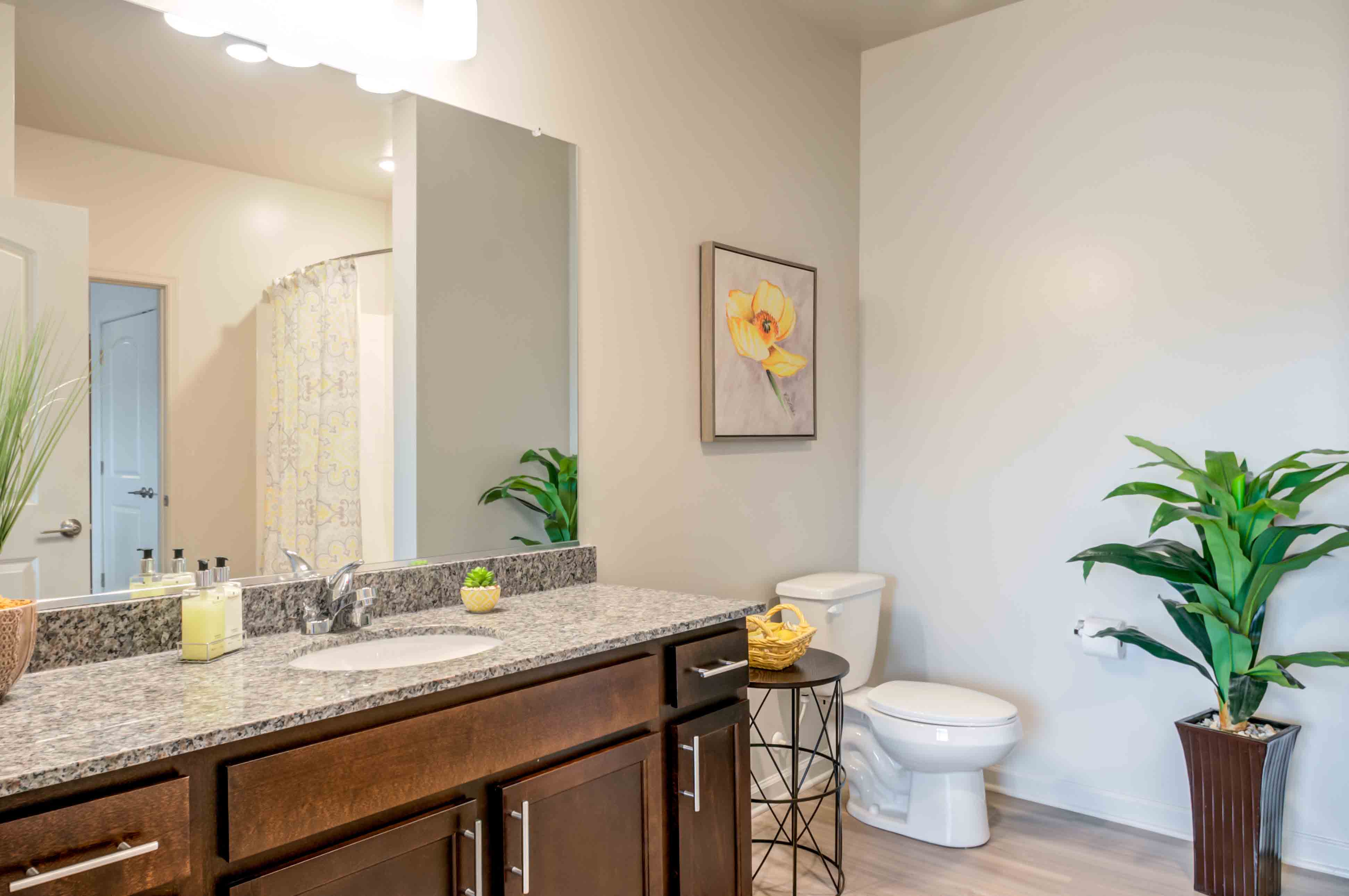 Large bathroom with stone counter top vanity