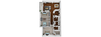 A top-down view of a small apartment with a bedroom, living room, and kitchen.