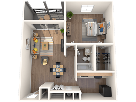 Tampa, FL Apartments – Belara Lakes – 3D floorplan of our 1 bed, 1 bath, 768 sq. ft. Crane Floorplan