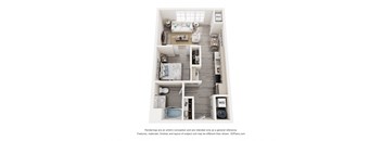 Studio floor plan showing open living/sleeping area, kitchen, bathroom, and closet at Creekline at Fairfield in Fairfield, CT.