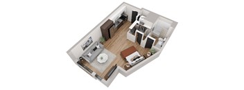 an open floor plan with a bedroom and living room