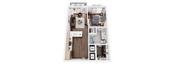A floor plan of a small apartment with a kitchen, living room, and bathroom.