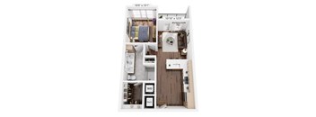 A floor plan of a small apartment with a kitchen, living room, and bathroom.