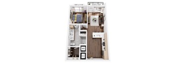 A floor plan of a small apartment with a kitchen, living room, and bathroom.