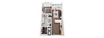 A floor plan of a small apartment with a kitchen, living room, and bathroom.