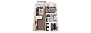 A floor plan of a small apartment with a kitchen, living room, and bathroom.