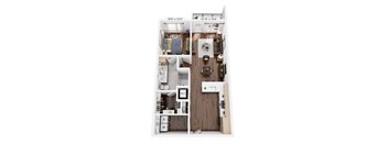 A floor plan of a small apartment with a kitchen, living room, and bathroom.