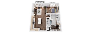 A floor plan of a small apartment with a kitchen, living room, and bathroom.