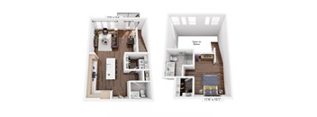 A floor plan of a small apartment with two bedrooms and a living area.