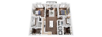 A floor plan of a small apartment with a kitchen, living room, and two bedrooms.