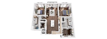 A floor plan of a small apartment with a kitchen, living room, and bedroom.