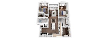 A top-down view of a small apartment layout with a kitchen, living room, and bedroom.