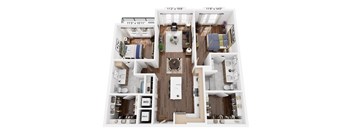 A top-down view of a small apartment layout with a kitchen, living room, and bathroom.