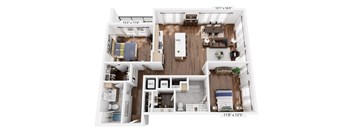 A floor plan of a small apartment with a kitchen, living room, and bathroom.