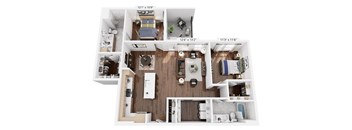 A floor plan of a two-bedroom apartment with a living room, kitchen, and bathroom.
