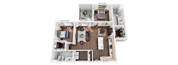 A floor plan of a two-bedroom apartment with a living room, kitchen, and bathroom.