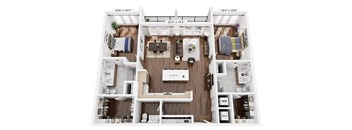 A floor plan of a two-bedroom apartment with a living room, kitchen, and bathroom.