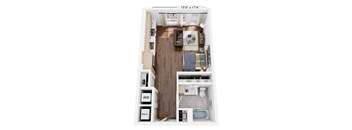 A floor plan of a small apartment with a kitchen, living room, and bathroom.