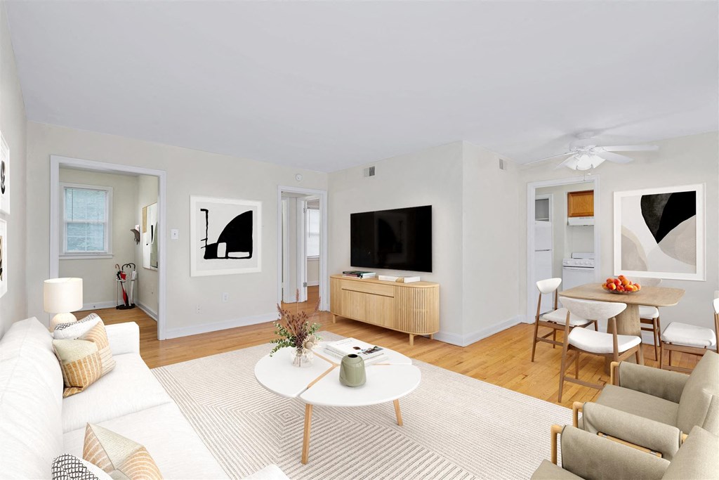 a living room with a couch and a table