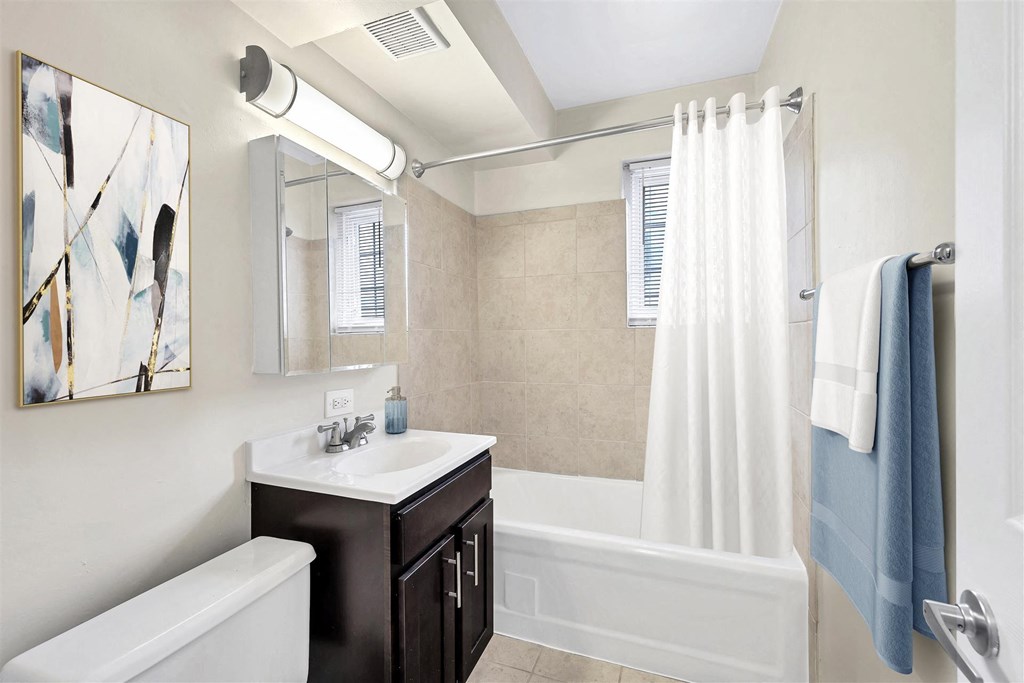 a bathroom with a sink and a shower and a tub