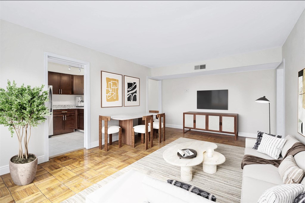 a living room with a couch and a table