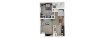 A top-down view of a modern apartment layout with a kitchen, living room, and bathroom.