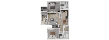A top-down view of a small apartment layout with a kitchen, living room, and bathroom.