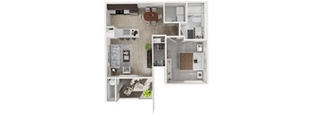 A top-down view of a small apartment with a kitchen, living room, and bathroom.