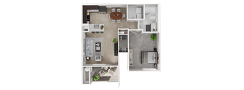 A top-down view of a modern apartment layout with a kitchen, living room, and bathroom.