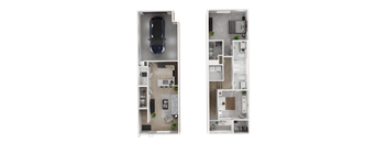 A top-down view of a car and a split-level floor plan of a house.