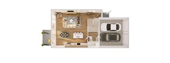 A top-down view of a caravan interior with a kitchen, dining area, and bedroom.