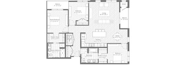 A black and white image of a house floor plan with a living room, dining room, kitchen, and several bedrooms.