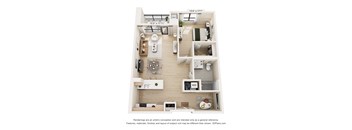 A 3D floor plan of a small apartment with a kitchen, living room, and bedroom.