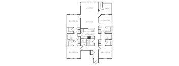 A black and white image of a house floor plan with a living room, dining room, kitchen, and four bedrooms.
