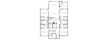 A black and white image of a house floor plan with a living room, dining room, kitchen, and four bedrooms.