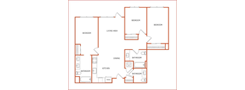 A red floor plan of a house with labeled rooms.