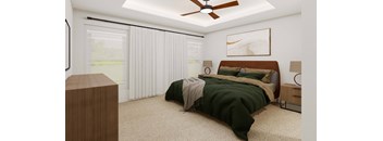 a bedroom with a bed and a ceiling fan
