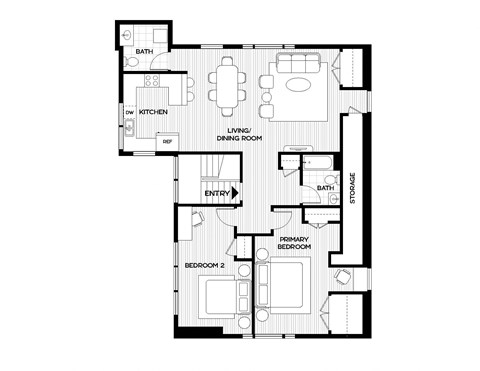 a floor plan of a residence with two bedrooms and two bathrooms