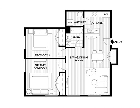 a floor plan of a residence with bedrooms and a living room